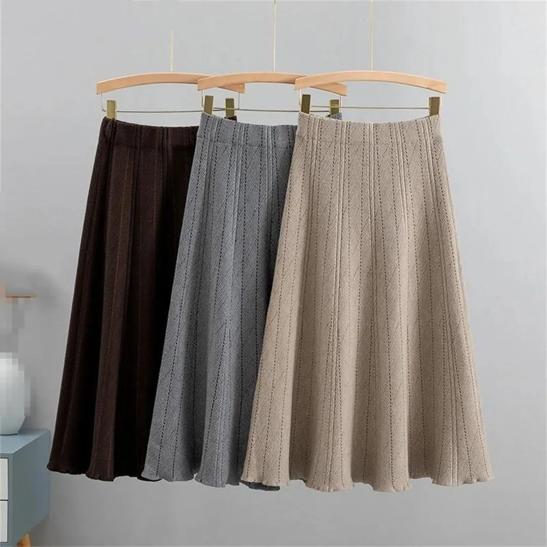 Autumn Winter Women Knitted Pleated Skirts Elegant Thick Warm A Line Long Midi Sweater Skirts