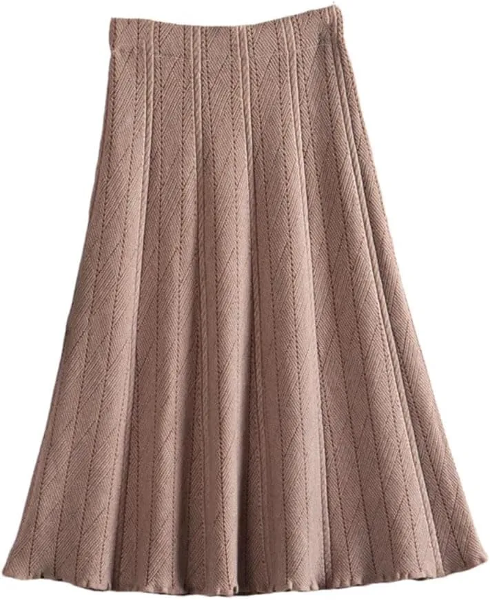 Autumn Winter Women Knitted Pleated Skirts Elegant Thick Warm A Line Long Midi Sweater Skirts