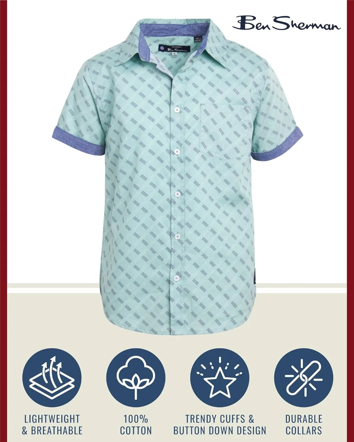 Ben Sherman Boys' Short Sleeve Button Down Shirt - 2 Pack 100% Cotton Breathable Woven Dress Shirts for Boys (Sizes: 8-18)