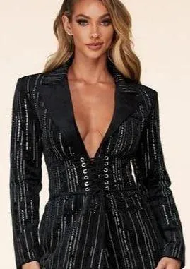 Bernadotte Suede Sequined Long Sleeve Mini Dress With Corset Belt
