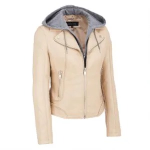 Biker Jacket  Beige Faux Leather with Detachable Hood