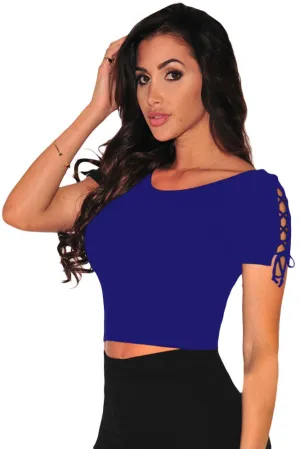 Blue Ribbed Lace Stylish Crop Top