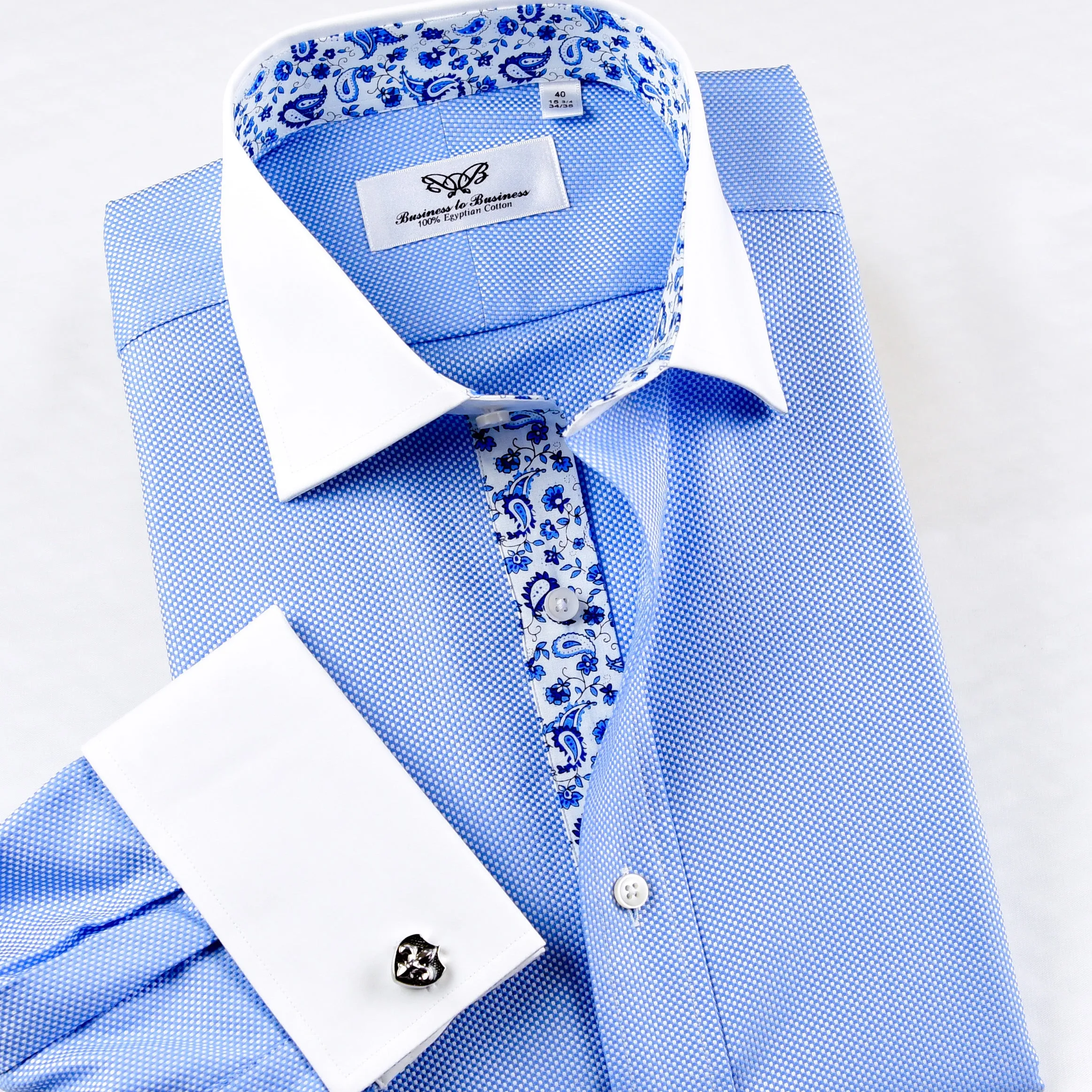 Blue Royal Oxford Floral Paisley Formal Business Dress Shirt With Contrast Collar And Cuffs