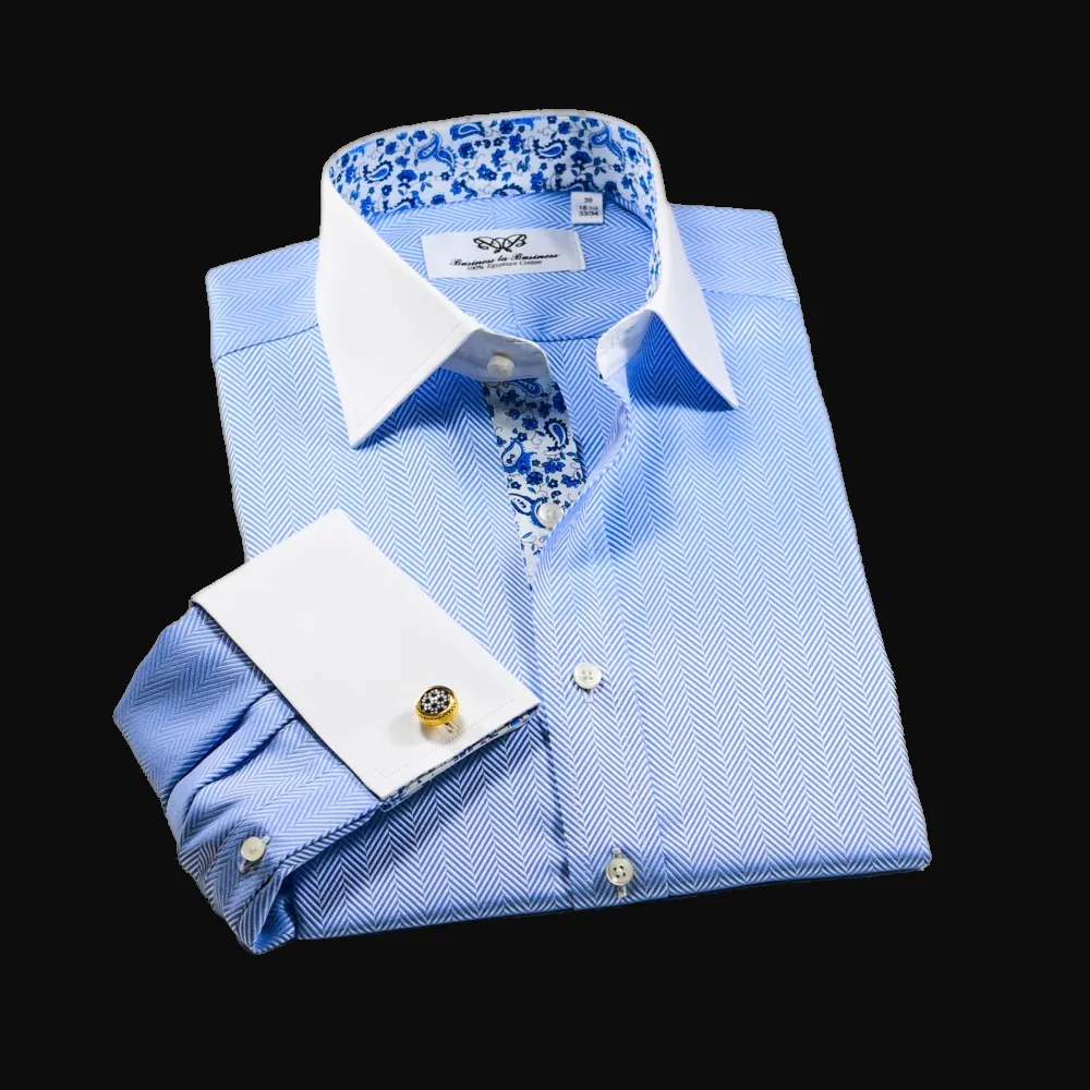 Blue Royal Oxford Floral Paisley Formal Business Dress Shirt With Contrast Collar And Cuffs