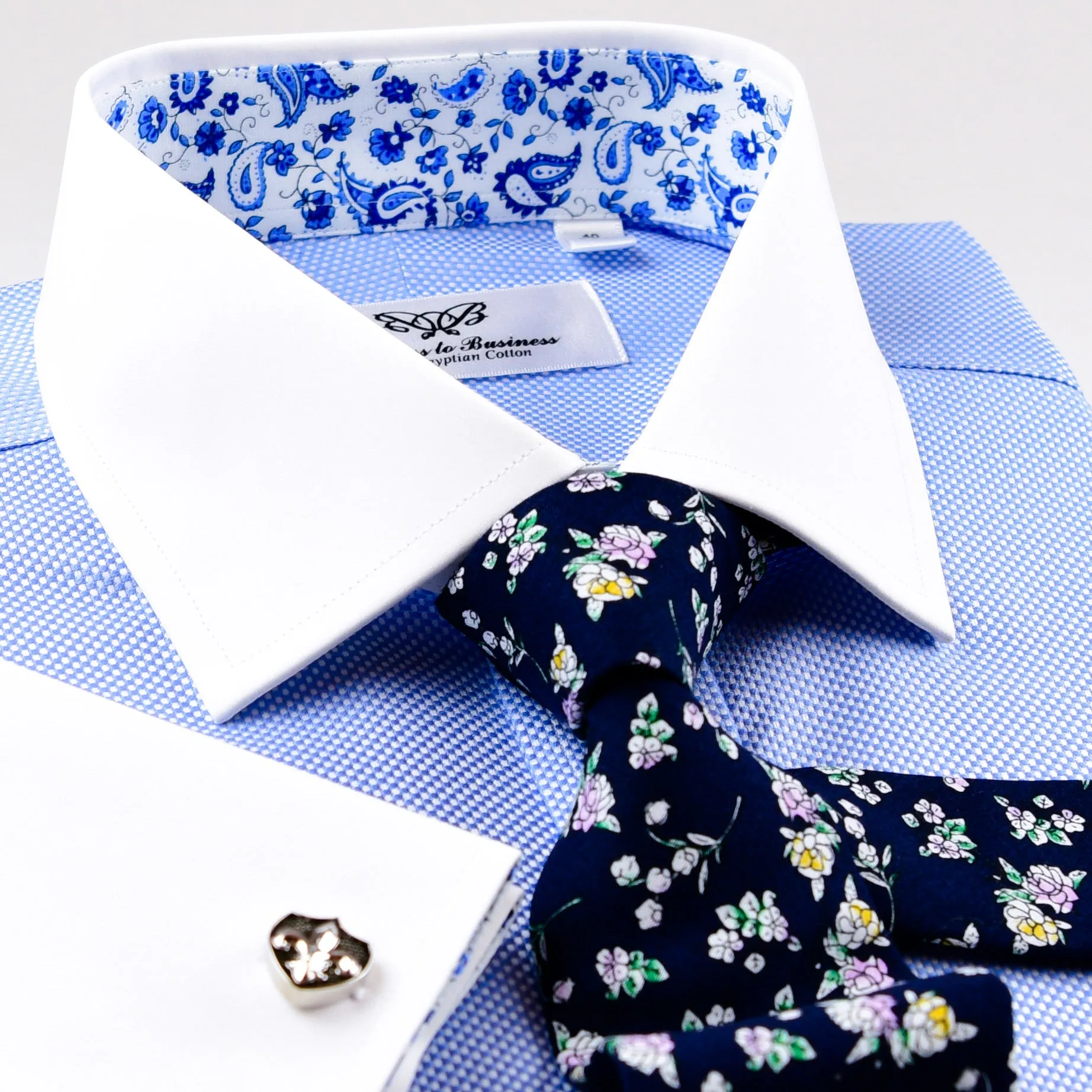 Blue Royal Oxford Floral Paisley Formal Business Dress Shirt With Contrast Collar And Cuffs