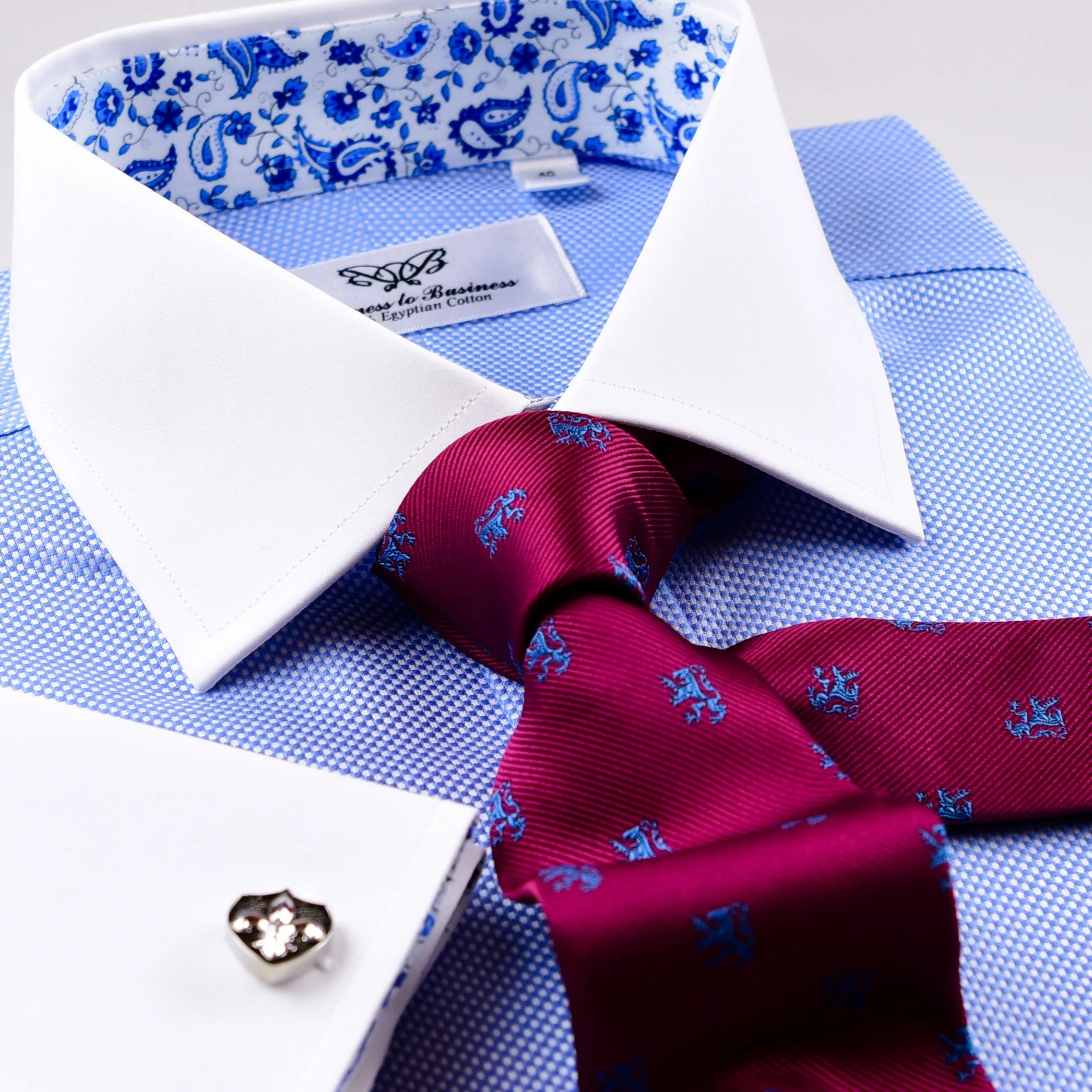 Blue Royal Oxford Floral Paisley Formal Business Dress Shirt With Contrast Collar And Cuffs