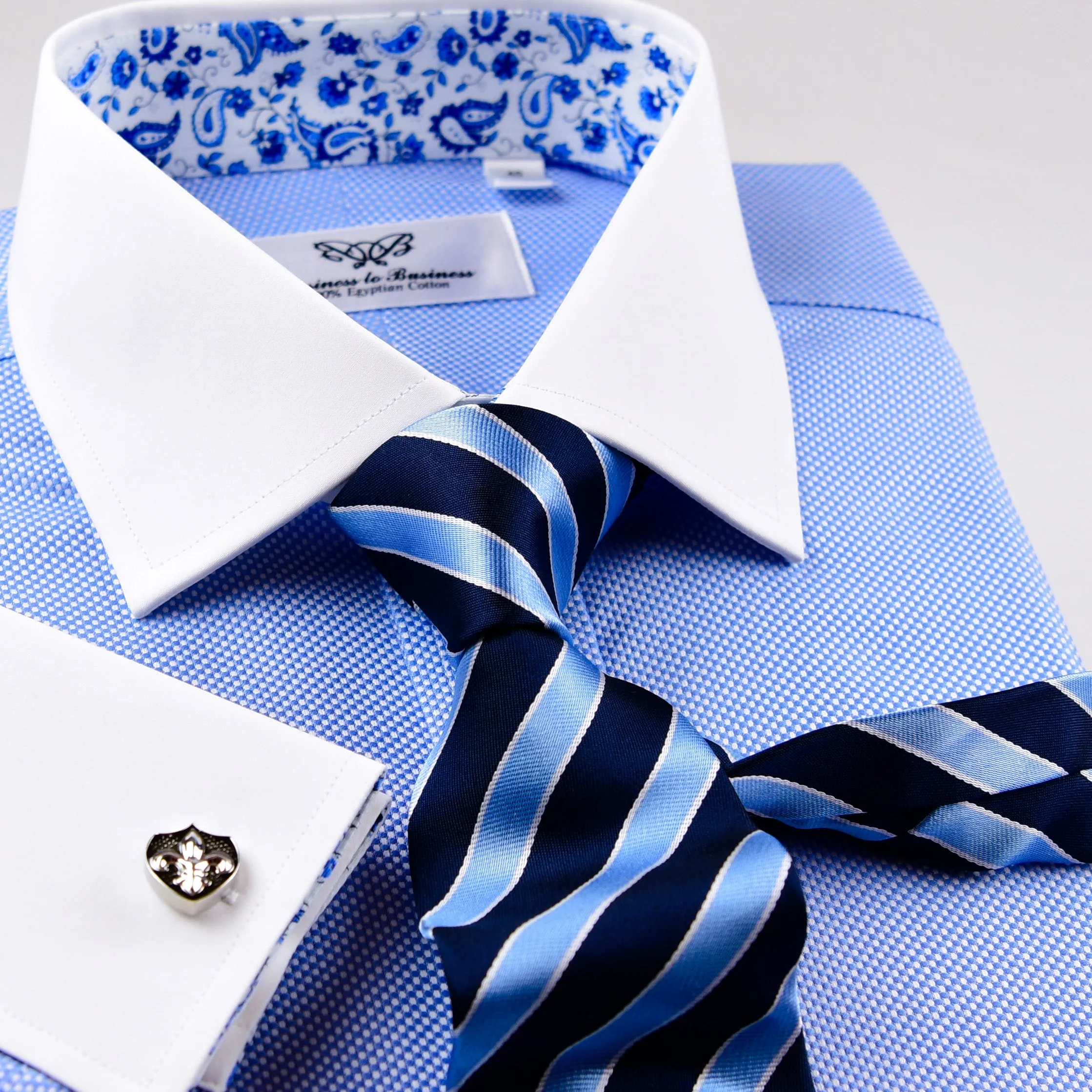 Blue Royal Oxford Floral Paisley Formal Business Dress Shirt With Contrast Collar And Cuffs