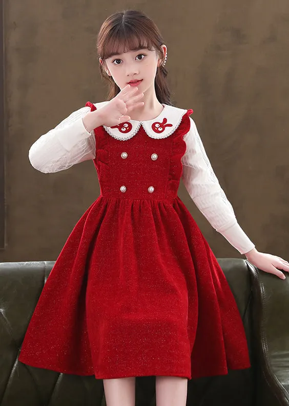 Boutique Red Ruffled Patchwork Warm Fleece Baby Girls Dresses Fall ML0221