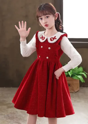 Boutique Red Ruffled Patchwork Warm Fleece Baby Girls Dresses Fall ML0221