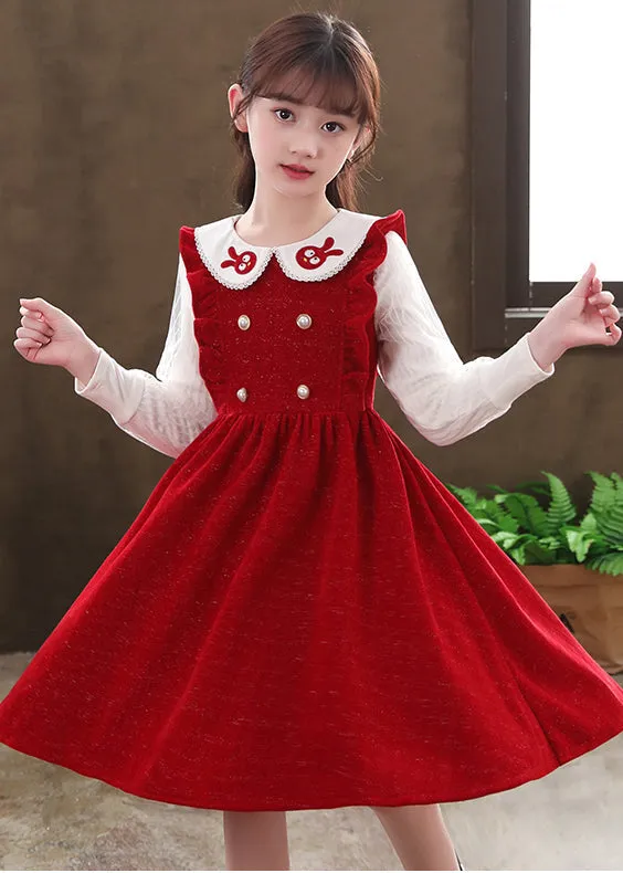 Boutique Red Ruffled Patchwork Warm Fleece Baby Girls Dresses Fall ML0221