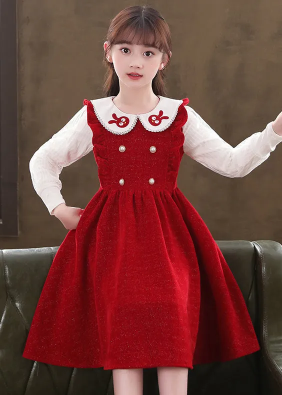 Boutique Red Ruffled Patchwork Warm Fleece Baby Girls Dresses Fall ML0221