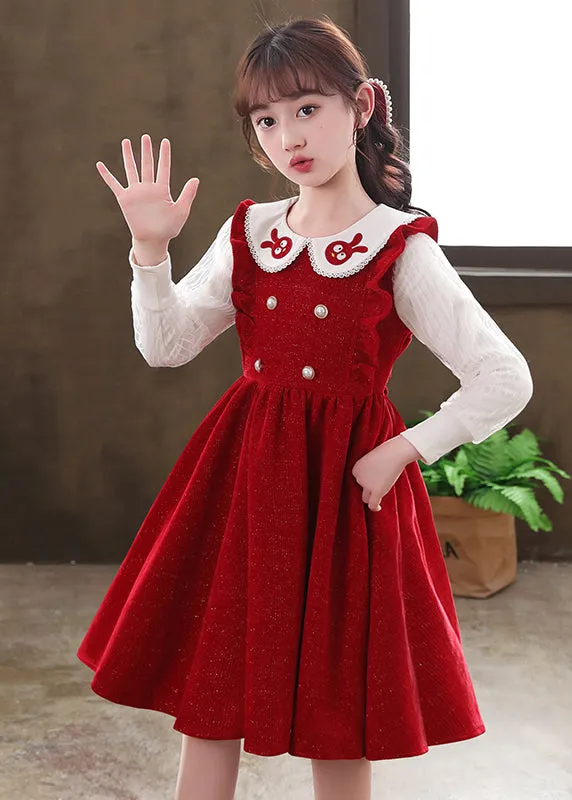 Boutique Red Ruffled Patchwork Warm Fleece Baby Girls Dresses Fall ML0221