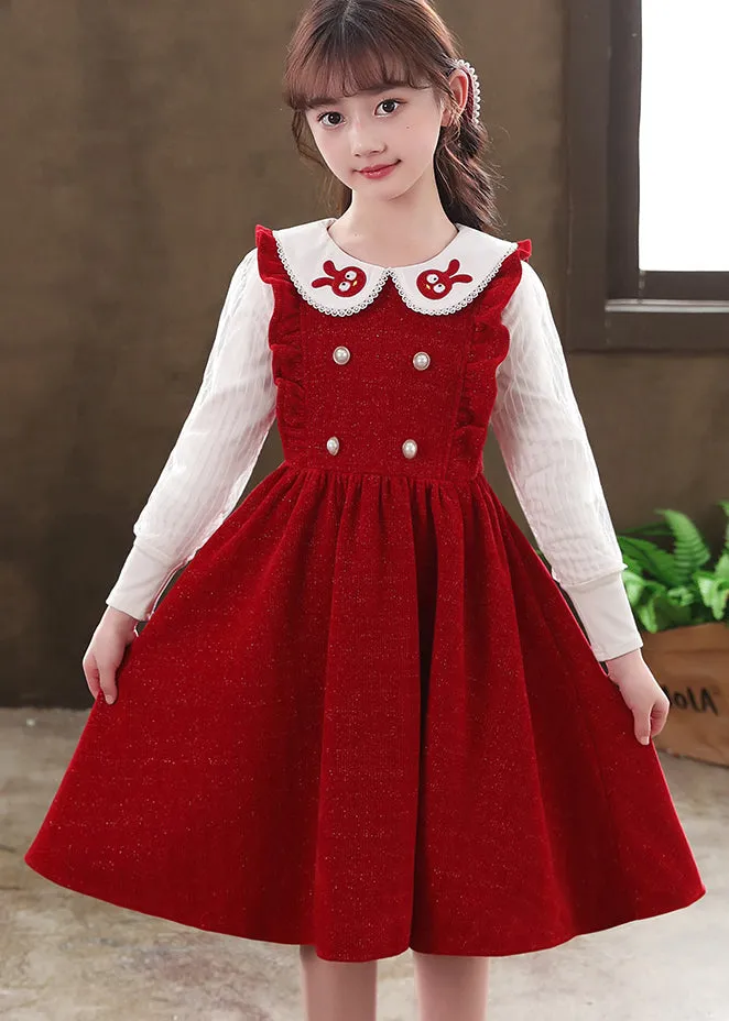 Boutique Red Ruffled Patchwork Warm Fleece Baby Girls Dresses Fall ML0221