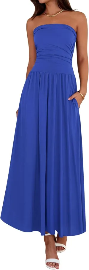 BTFBM Summer Maxi Dresses for Women 2025 Strapless Ruched Tube Top Flowy Beach Vacation Wedding Guest Dress Pockets