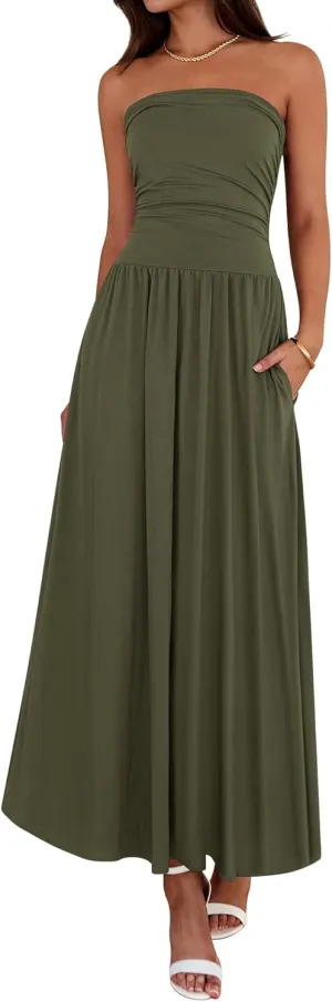 BTFBM Summer Maxi Dresses for Women 2025 Strapless Ruched Tube Top Flowy Beach Vacation Wedding Guest Dress Pockets