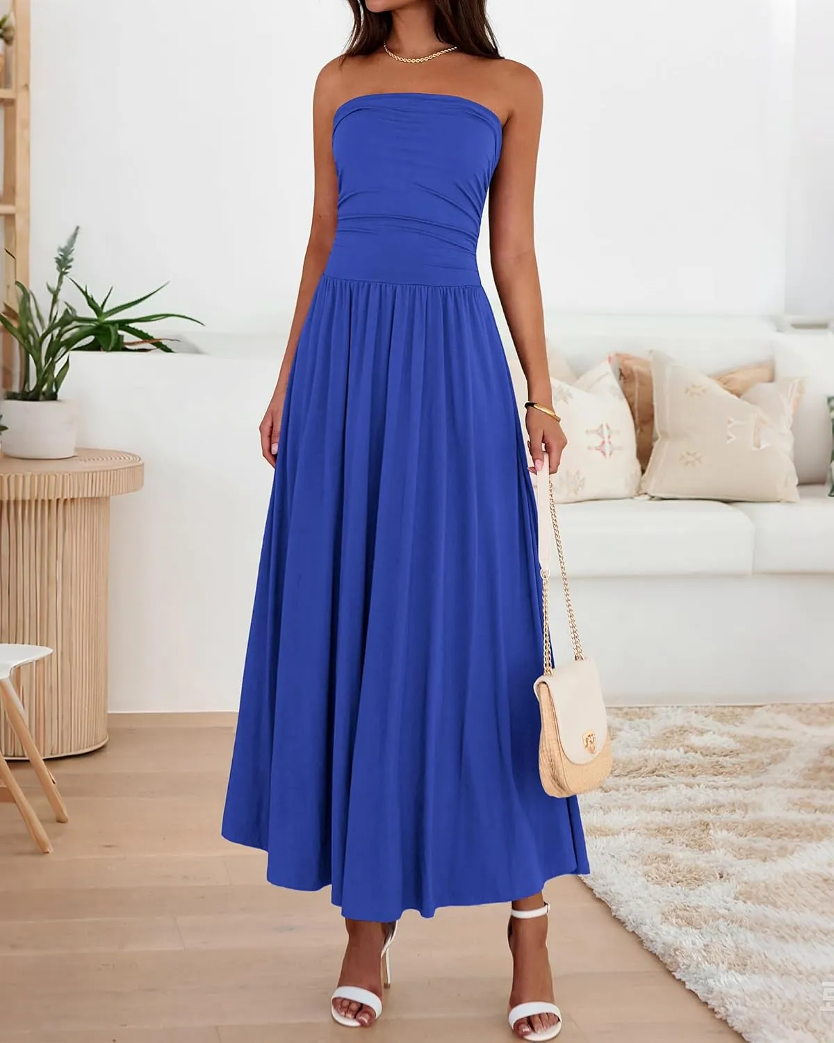 BTFBM Summer Maxi Dresses for Women 2025 Strapless Ruched Tube Top Flowy Beach Vacation Wedding Guest Dress Pockets