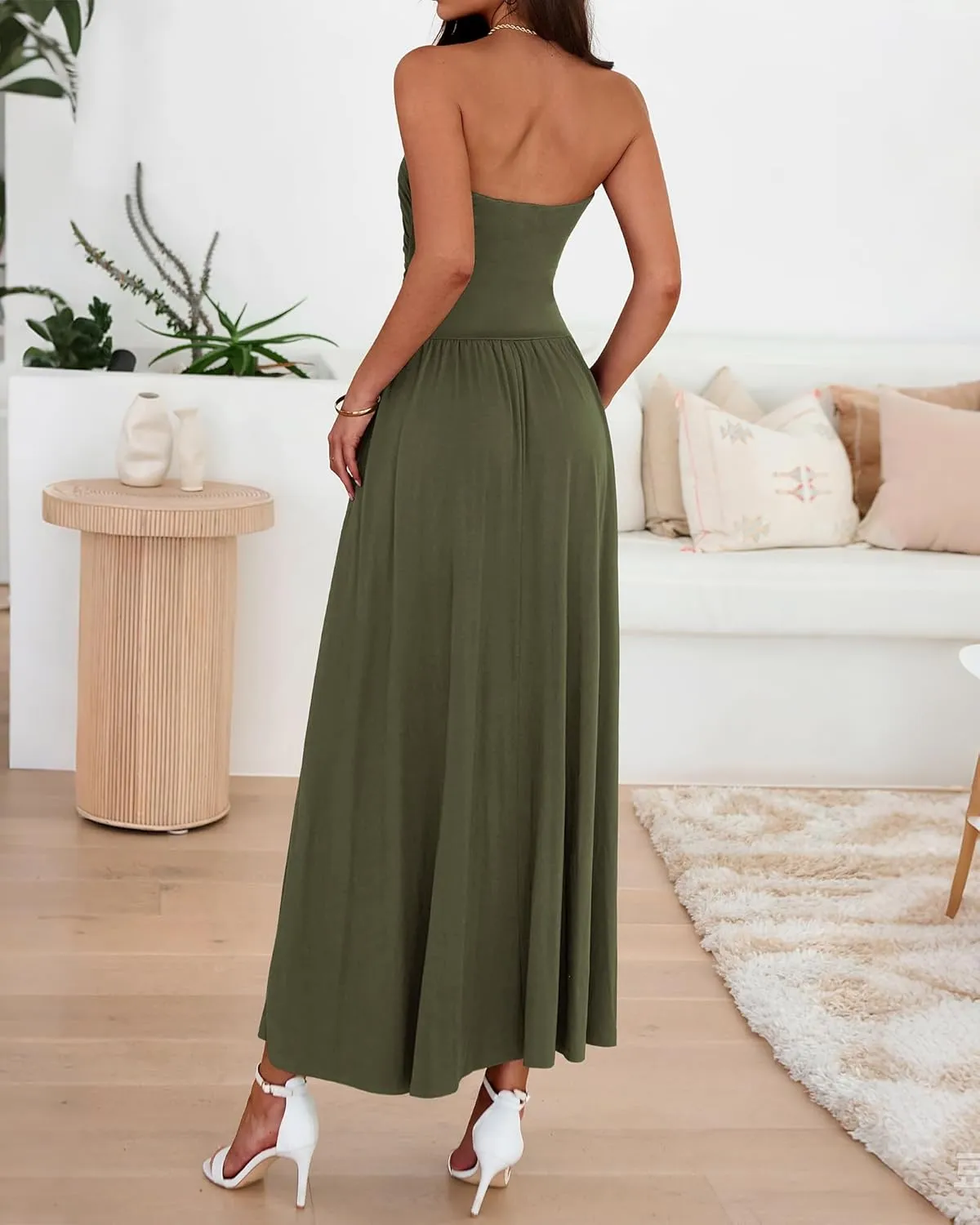 BTFBM Summer Maxi Dresses for Women 2025 Strapless Ruched Tube Top Flowy Beach Vacation Wedding Guest Dress Pockets