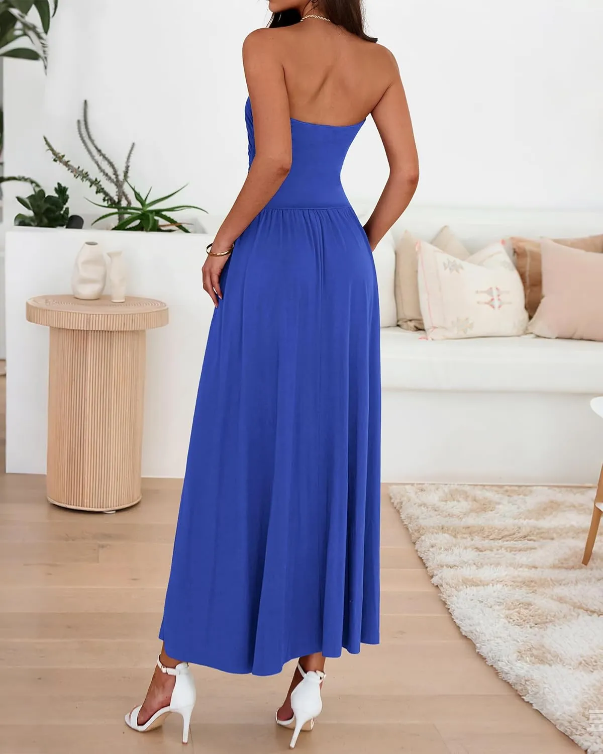 BTFBM Summer Maxi Dresses for Women 2025 Strapless Ruched Tube Top Flowy Beach Vacation Wedding Guest Dress Pockets