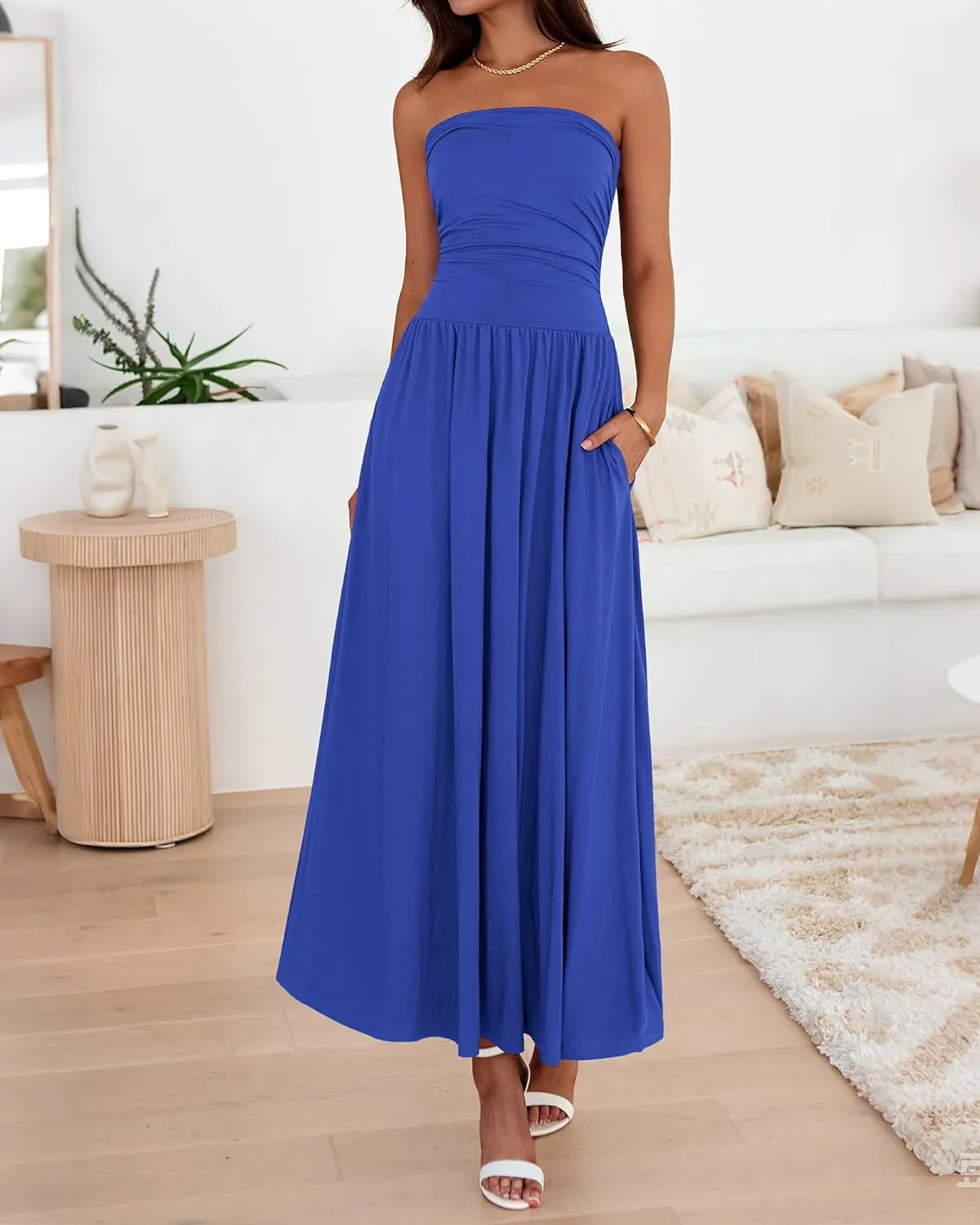 BTFBM Summer Maxi Dresses for Women 2025 Strapless Ruched Tube Top Flowy Beach Vacation Wedding Guest Dress Pockets