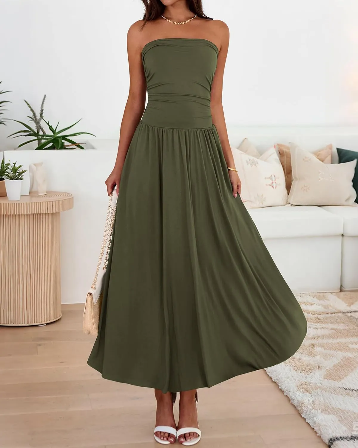 BTFBM Summer Maxi Dresses for Women 2025 Strapless Ruched Tube Top Flowy Beach Vacation Wedding Guest Dress Pockets
