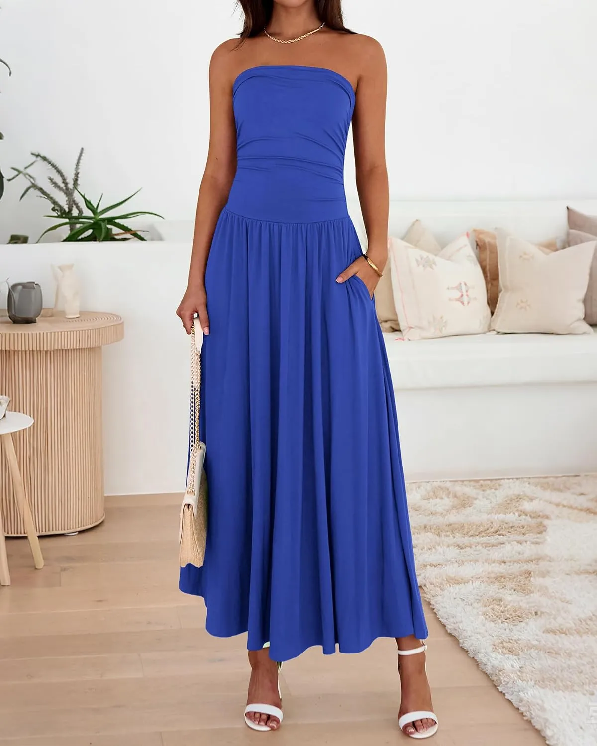 BTFBM Summer Maxi Dresses for Women 2025 Strapless Ruched Tube Top Flowy Beach Vacation Wedding Guest Dress Pockets