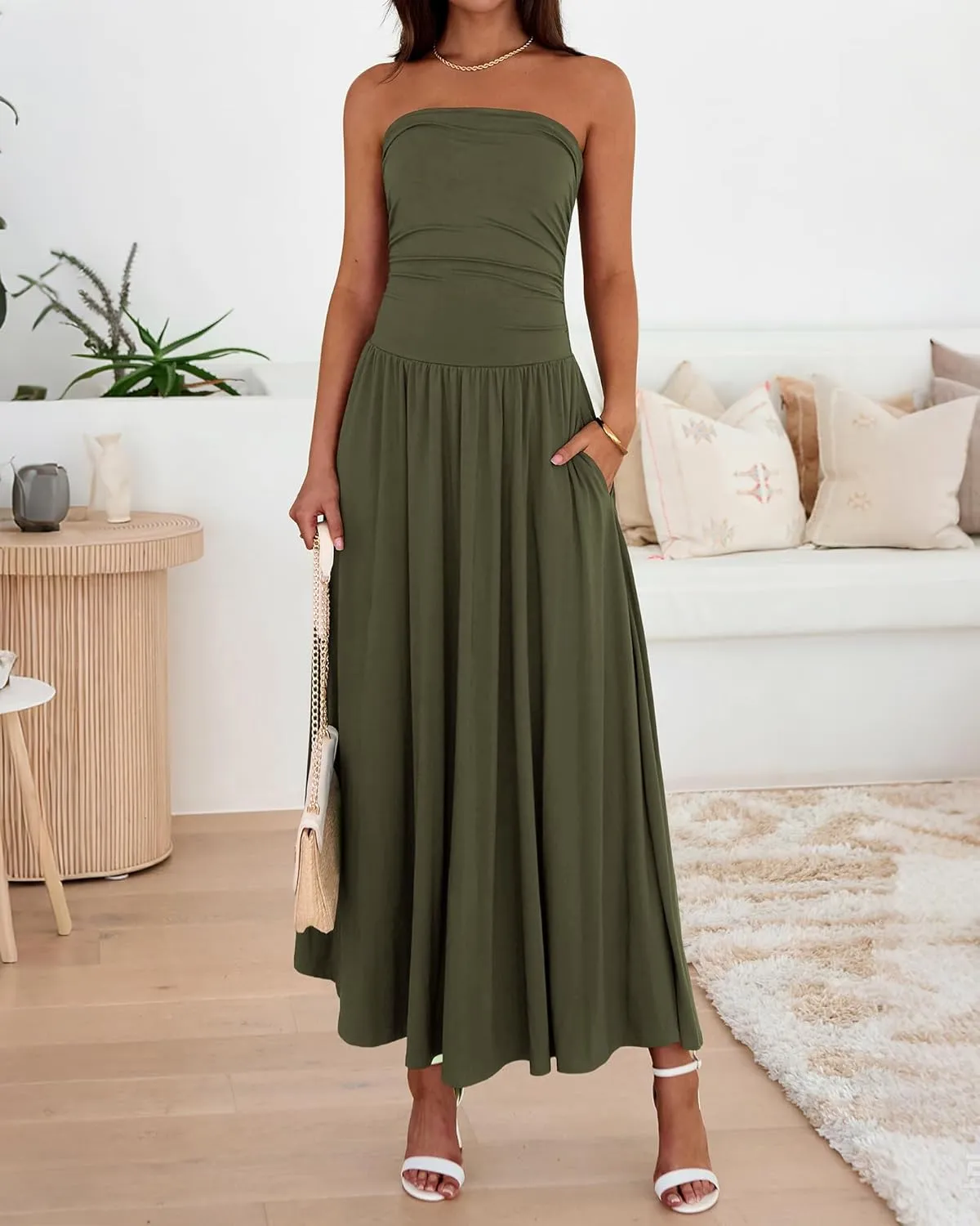 BTFBM Summer Maxi Dresses for Women 2025 Strapless Ruched Tube Top Flowy Beach Vacation Wedding Guest Dress Pockets