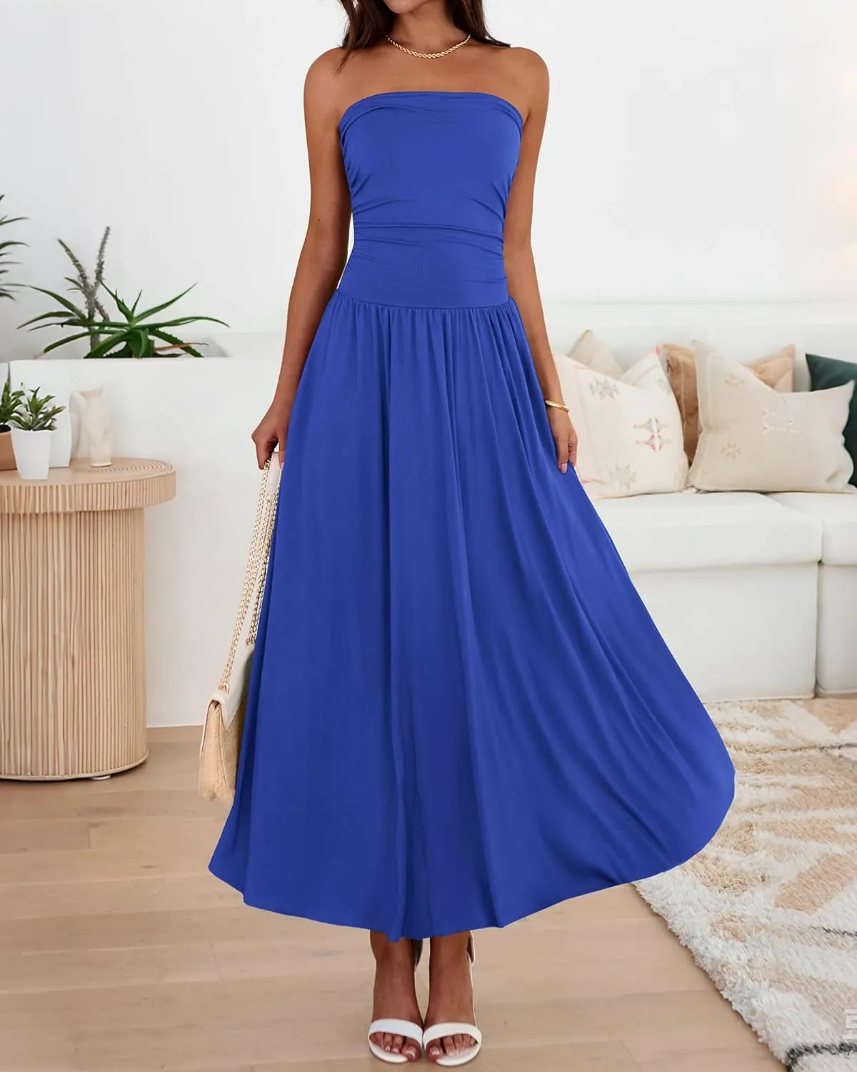 BTFBM Summer Maxi Dresses for Women 2025 Strapless Ruched Tube Top Flowy Beach Vacation Wedding Guest Dress Pockets