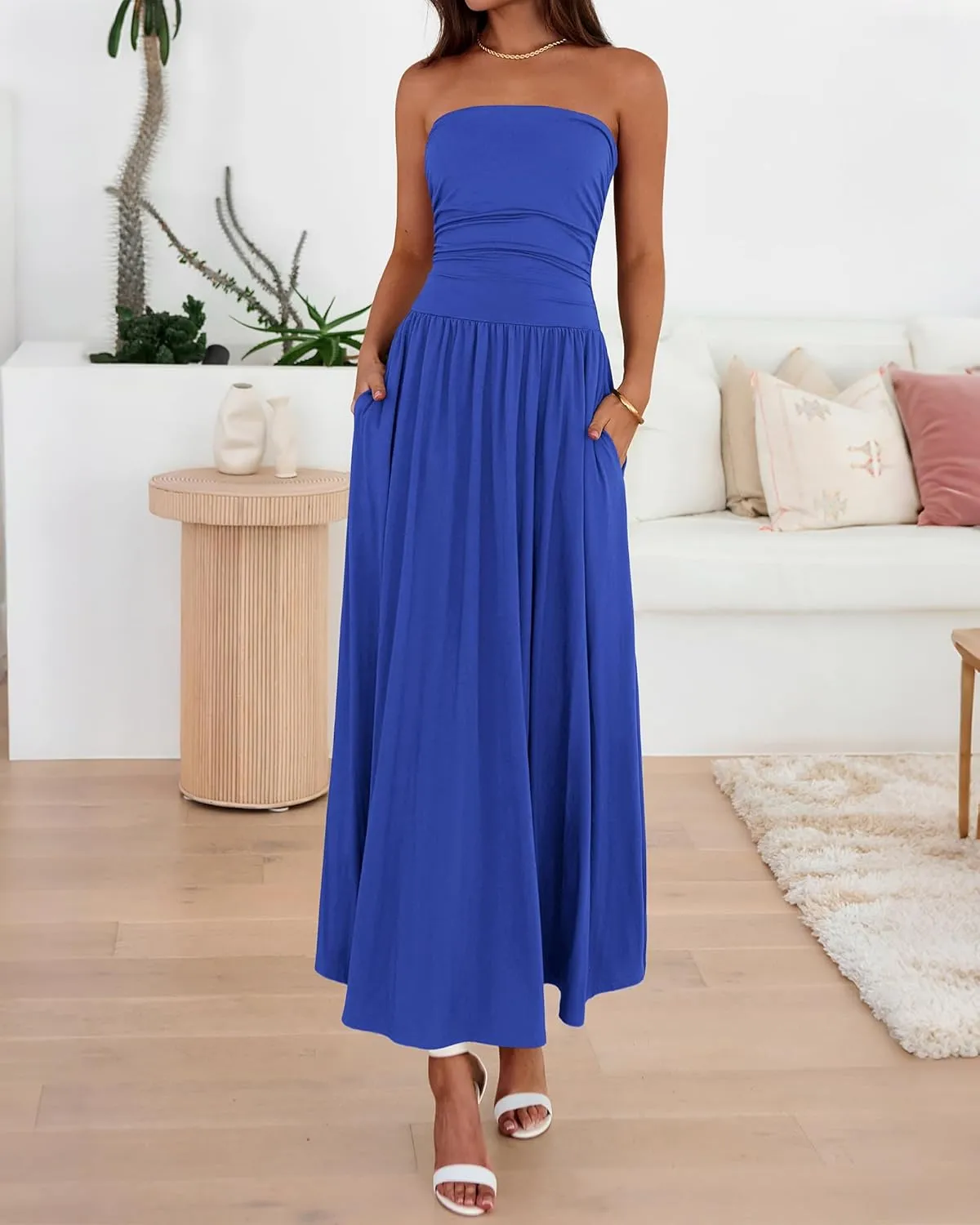 BTFBM Summer Maxi Dresses for Women 2025 Strapless Ruched Tube Top Flowy Beach Vacation Wedding Guest Dress Pockets