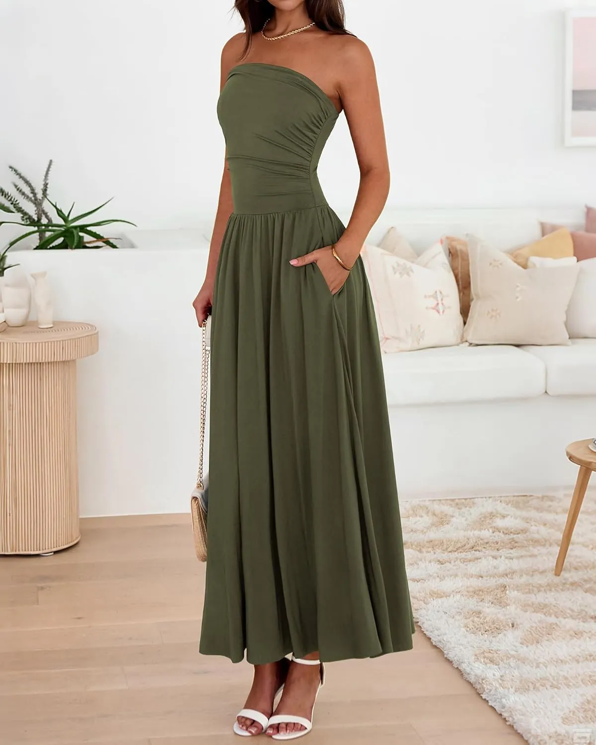 BTFBM Summer Maxi Dresses for Women 2025 Strapless Ruched Tube Top Flowy Beach Vacation Wedding Guest Dress Pockets