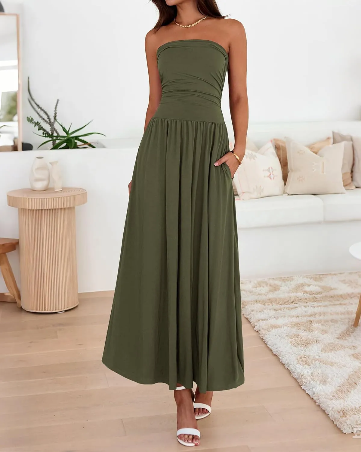 BTFBM Summer Maxi Dresses for Women 2025 Strapless Ruched Tube Top Flowy Beach Vacation Wedding Guest Dress Pockets