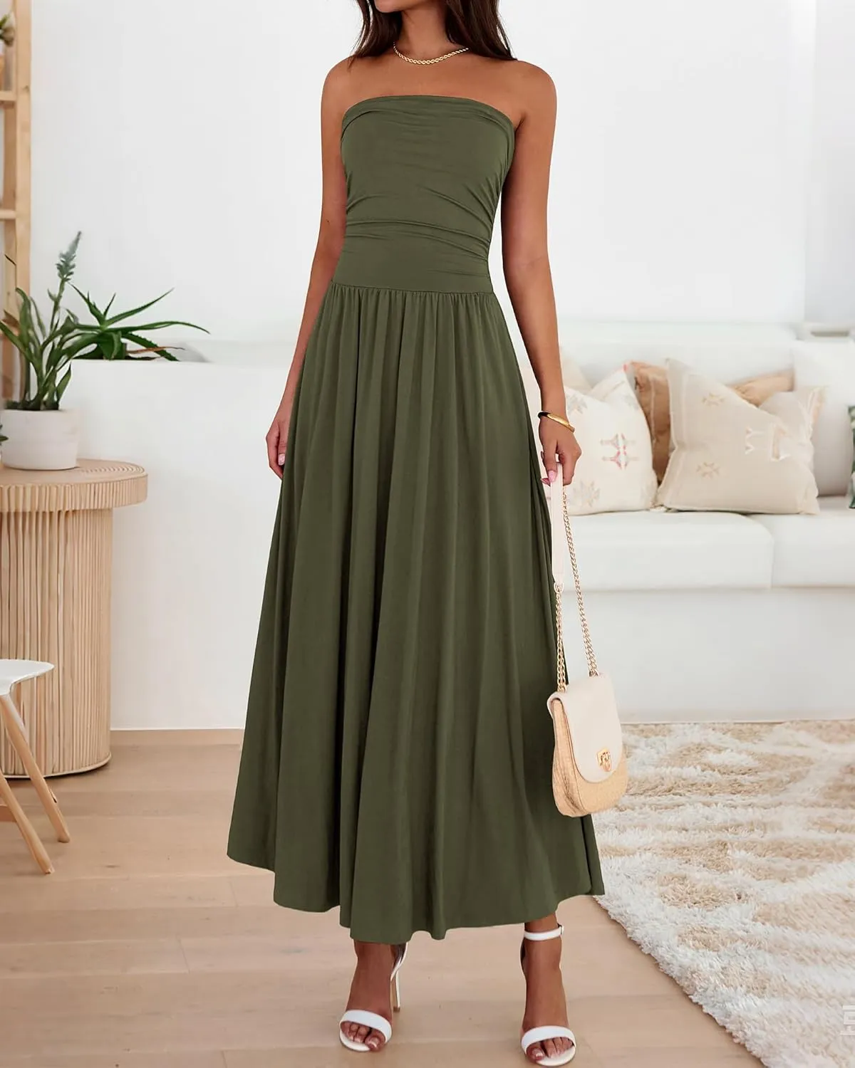 BTFBM Summer Maxi Dresses for Women 2025 Strapless Ruched Tube Top Flowy Beach Vacation Wedding Guest Dress Pockets