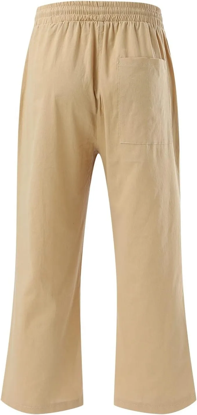 Capris Pants for Women Casual Summer 2025 Cotton Linen Pant Lounge Elastic Waisted Wide Leg Cropped Trousers