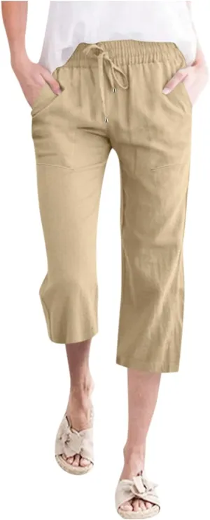 Capris Pants for Women Casual Summer 2025 Cotton Linen Pant Lounge Elastic Waisted Wide Leg Cropped Trousers