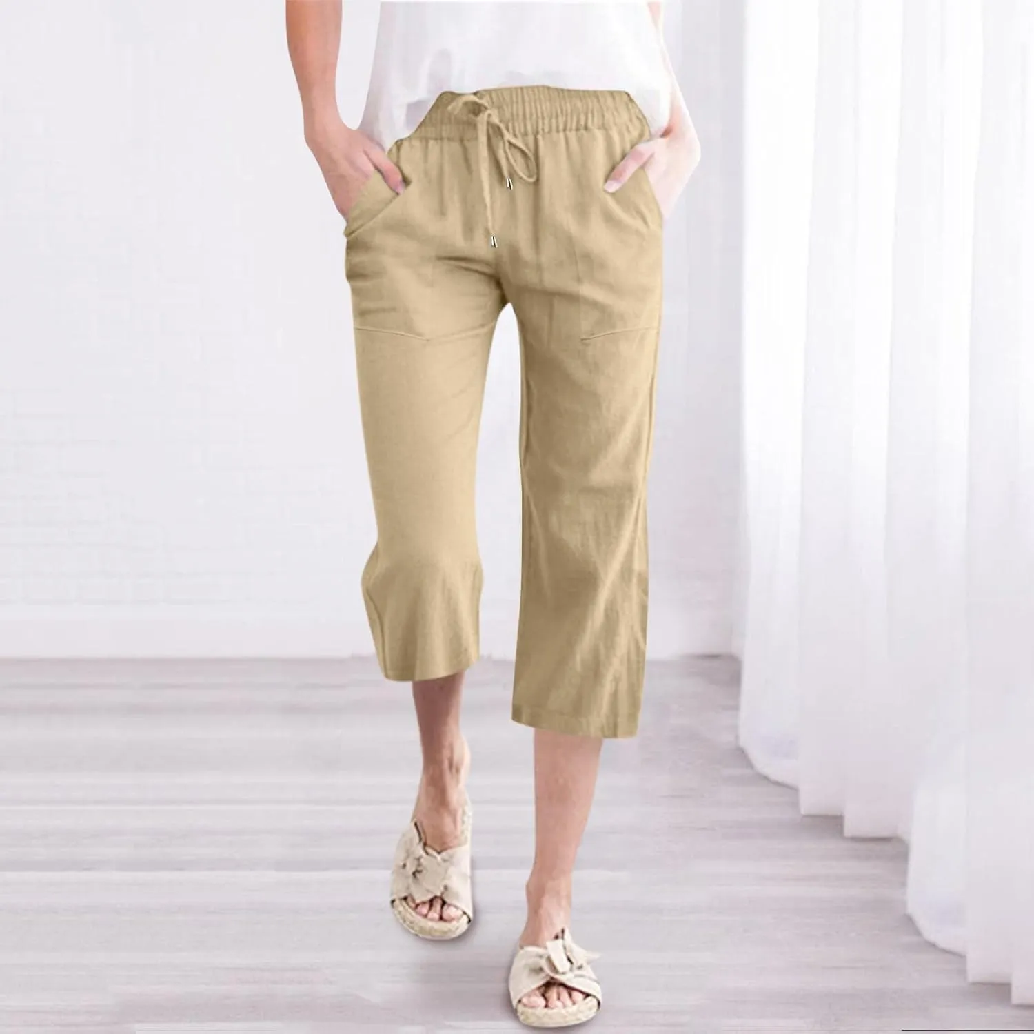 Capris Pants for Women Casual Summer 2025 Cotton Linen Pant Lounge Elastic Waisted Wide Leg Cropped Trousers