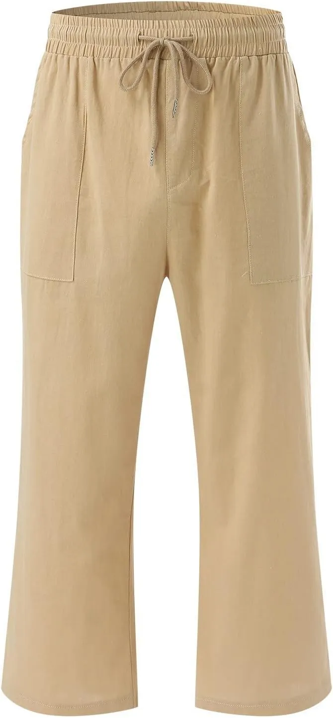 Capris Pants for Women Casual Summer 2025 Cotton Linen Pant Lounge Elastic Waisted Wide Leg Cropped Trousers