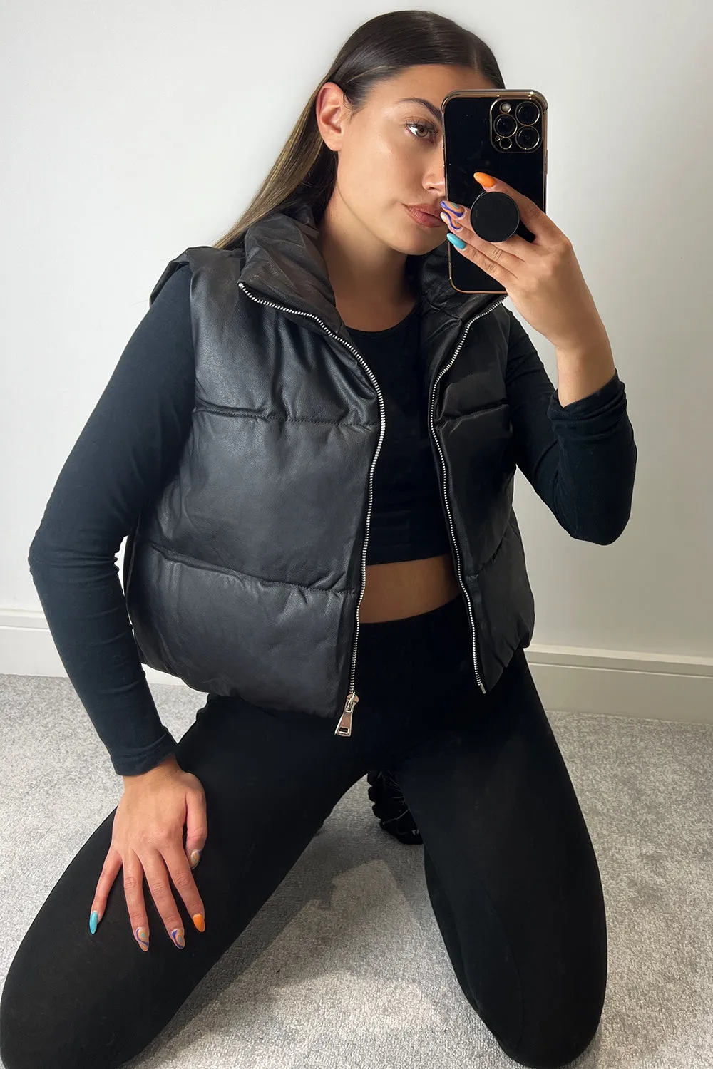 Catalina Black PU Faux Leather Puffer Gilet
