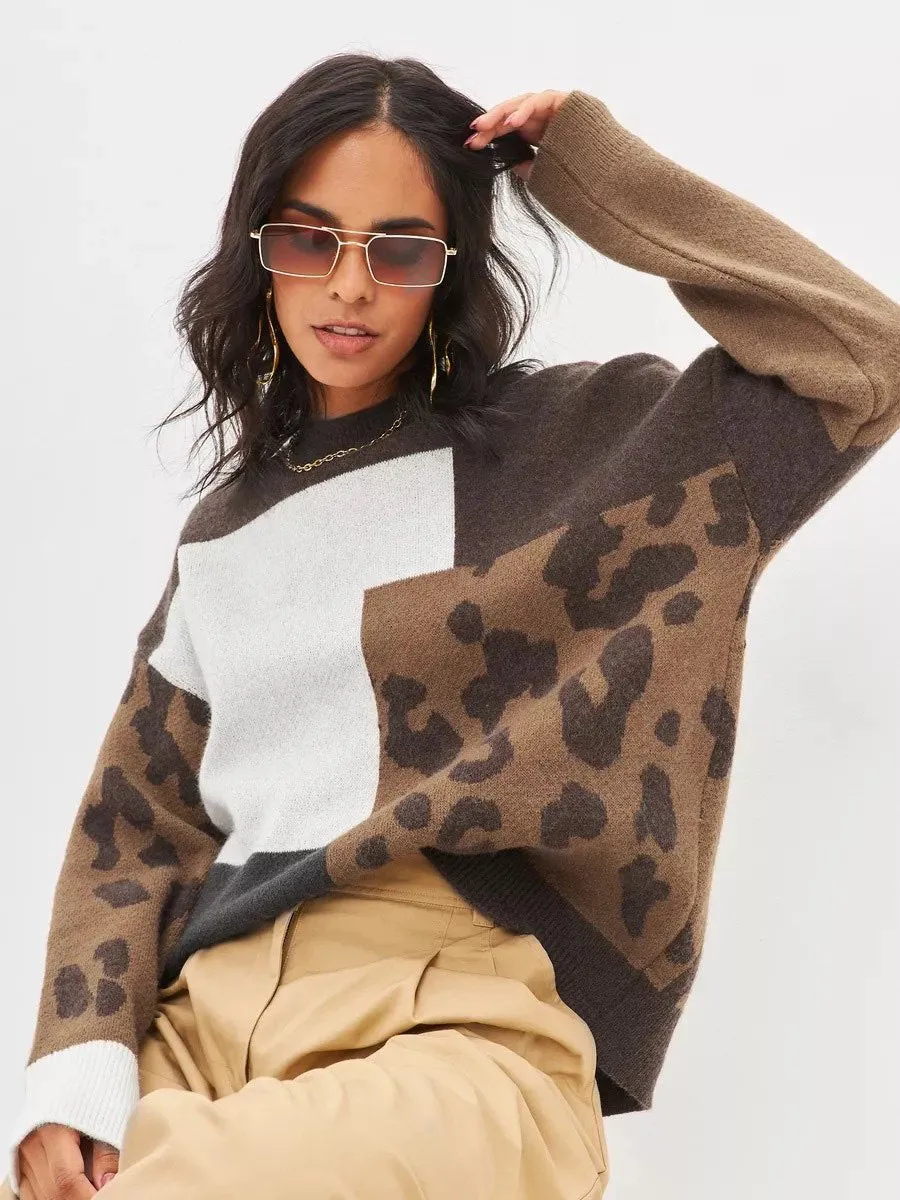 Chic Vintage-Inspired Loose-Fit Leopard Print Knit Sweater