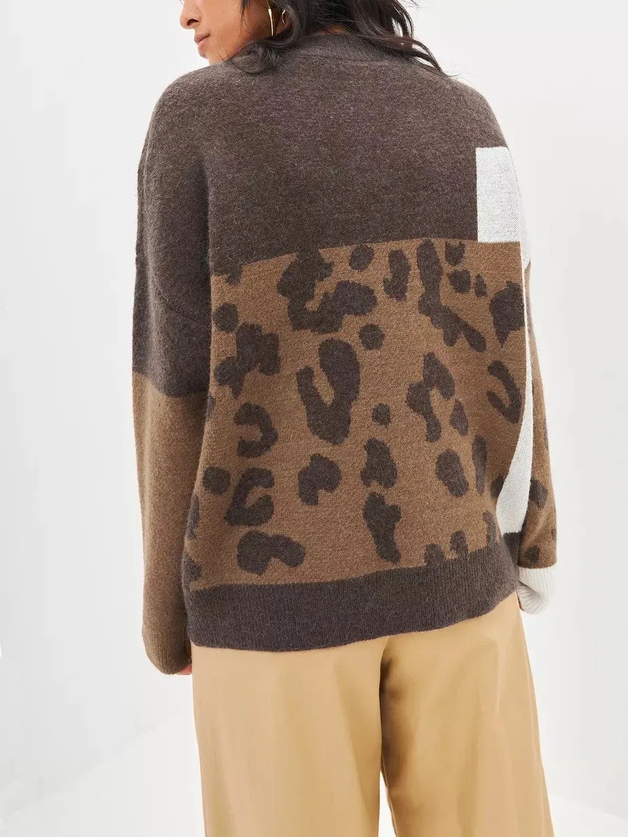 Chic Vintage-Inspired Loose-Fit Leopard Print Knit Sweater