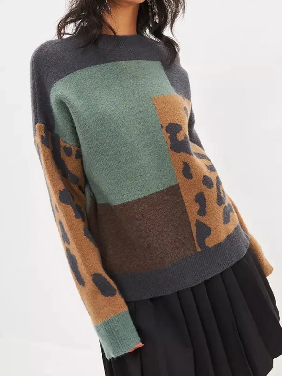 Chic Vintage-Inspired Loose-Fit Leopard Print Knit Sweater