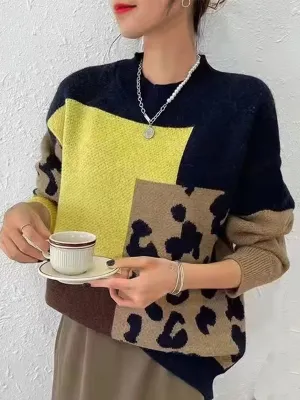 Chic Vintage-Inspired Loose-Fit Leopard Print Knit Sweater