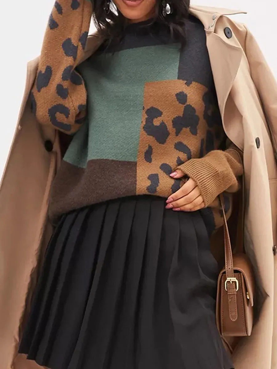 Chic Vintage-Inspired Loose-Fit Leopard Print Knit Sweater