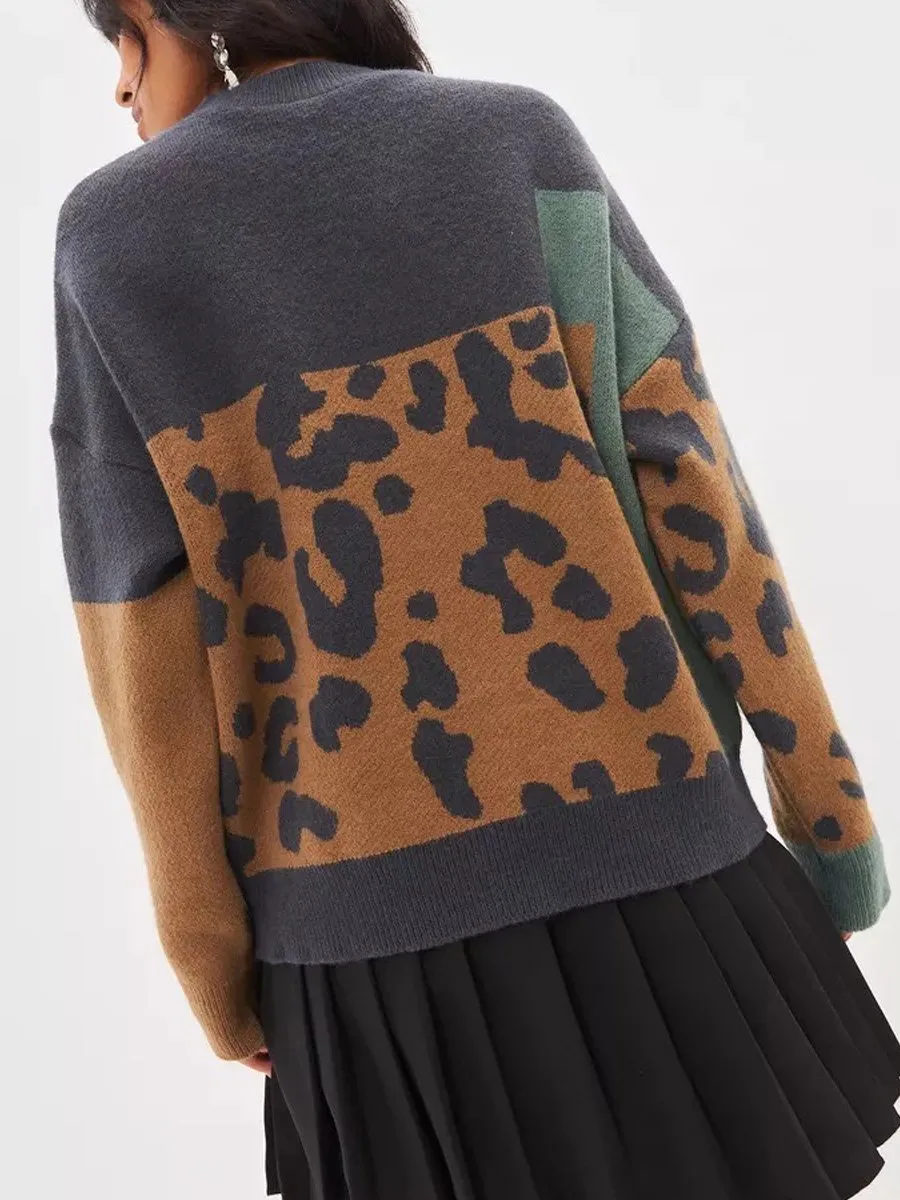 Chic Vintage-Inspired Loose-Fit Leopard Print Knit Sweater