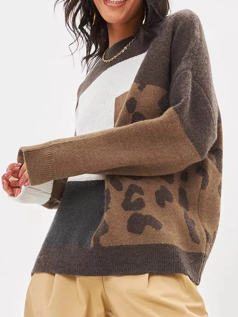 Chic Vintage-Inspired Loose-Fit Leopard Print Knit Sweater