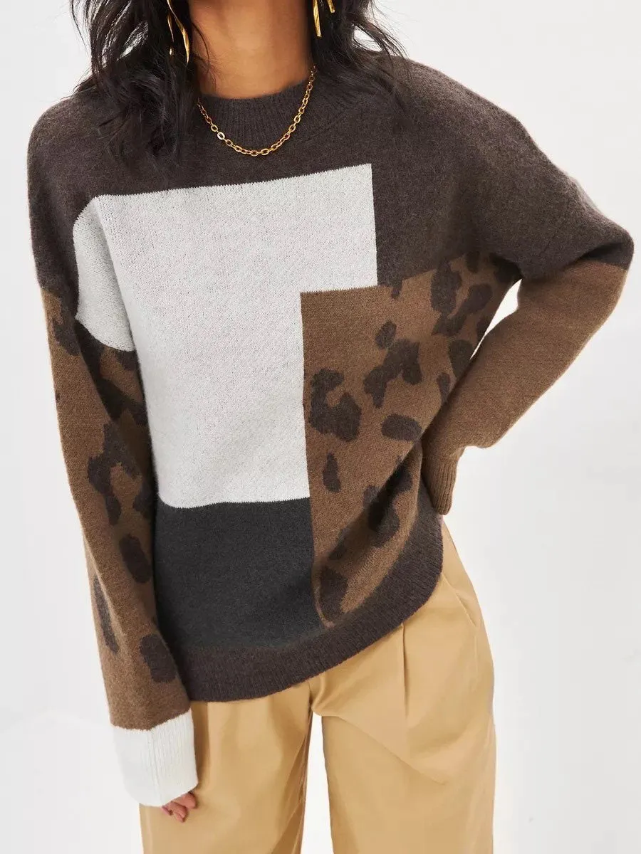 Chic Vintage-Inspired Loose-Fit Leopard Print Knit Sweater
