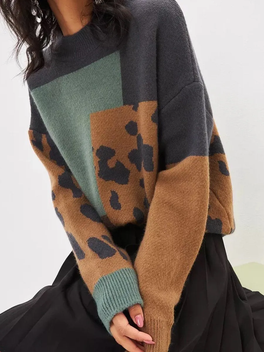 Chic Vintage-Inspired Loose-Fit Leopard Print Knit Sweater