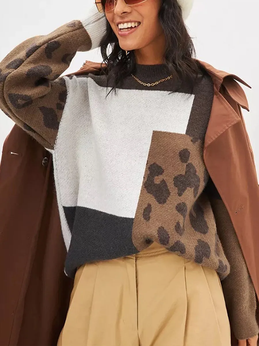 Chic Vintage-Inspired Loose-Fit Leopard Print Knit Sweater