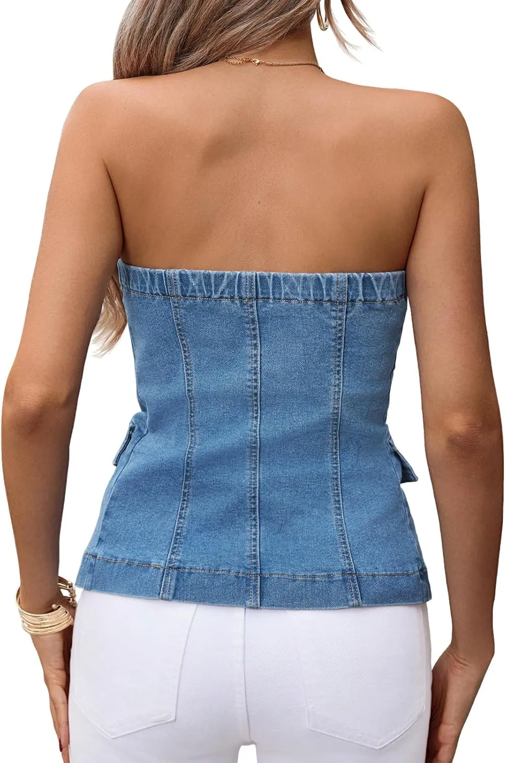 Cicy Bell Womens Strapless Denim Vest Summer Button Down Jean Tube Tops Y2k Going Out Fitted Bandeau Shirts Waistcoat