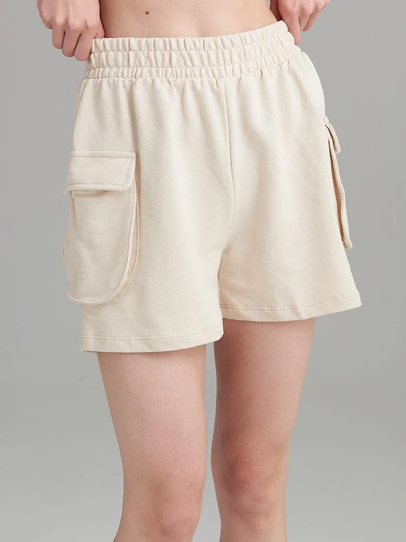 Combed Cotton Shorts with Comfortable Cut Pockets - Beige