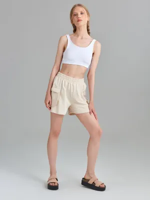 Combed Cotton Shorts with Comfortable Cut Pockets - Beige