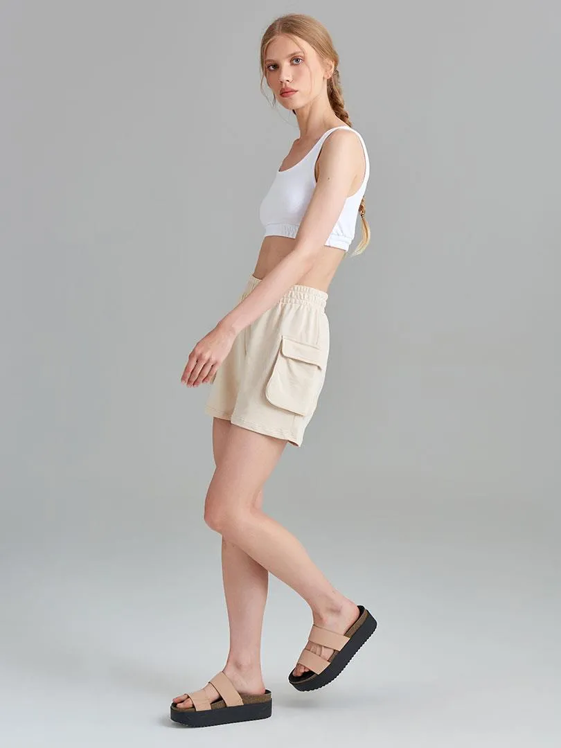 Combed Cotton Shorts with Comfortable Cut Pockets - Beige